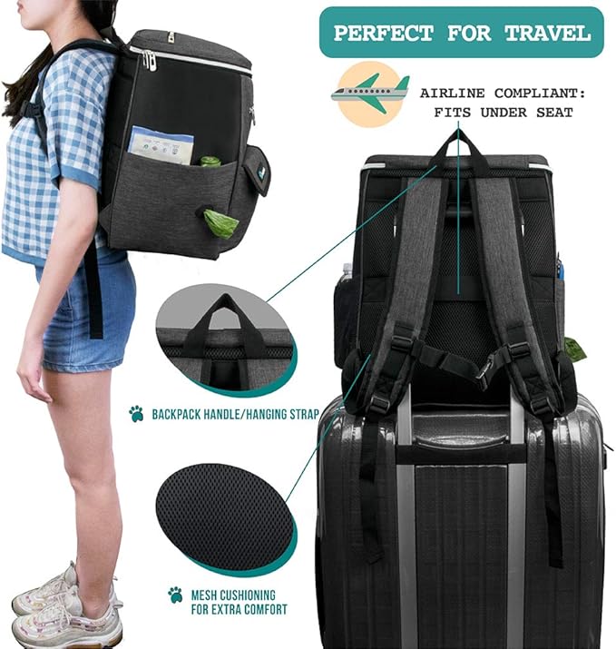 PetAmi Dog Travel Bag Backpack, Airline Approved Dog Bags for Traveling, Puppy Diaper Bag Supplies, Pet Camping Essentials Hiking Accessories Dog Mom Gift, Food Container, Collapsible Bowls, Dark Gray-Mewly Pet