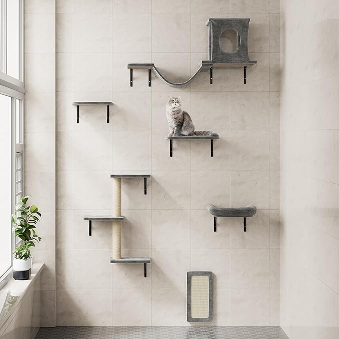 NUNU LAB Cat Wall Shelves, 6 Pcs Luxury Wall-Mounted Cat Climber Set, Indoor Cat Furniture with 1 Condos House, 2 Cat Wall Shelves, 1 Scratching, 1 Bridge Ladder, 1 Scratching Pad, Dark Gray