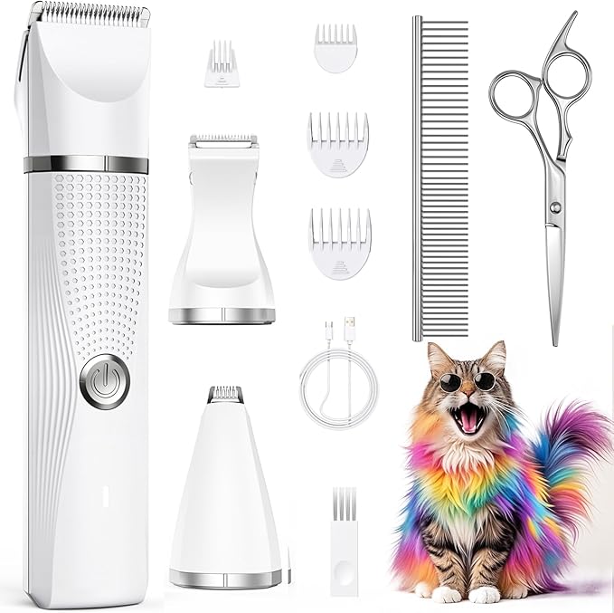 Cat Grooming Clippers Kit with Paw Trimmer, 3 in 1 Electric Pet Hair Trimmer Supplies for Thick Matted Hair, Heavy Coat Butt Shaver Cat Razor Fur Trimmer for Dogs at Home-Mewly Pet