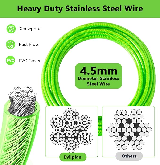 Dog Tie Out Cable 15FT-500Lbs,Heavy Duty Dog Leads&Tether for Yard with Swivel Hook,Small Large Dogs Leash Line for Outside,Rust Chew Proof Dogs Run Cable for Outdoor Camping (Green, 15FT)-Mewly Pet