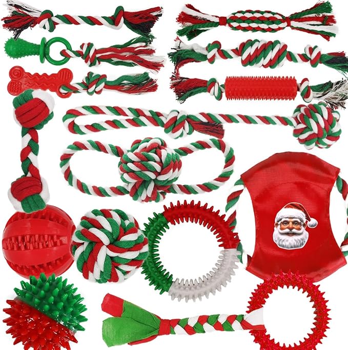 Dog Toys 15 Pack for Teeth Cleaning and Fun, Puppy Teething Chew Toys Tug Rope Squeaky Treat Balls & Rubber Tous Bulk– Variety Dog Gifts Set Reduce Anxiety & Save Furniture, Christmas-Mewly Pet