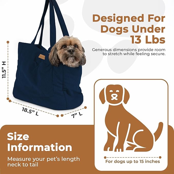 Corduroy Dog Carrier - Lightweight Cotton Soft-Sided Pet Tote with Safety Harness Clip - Breathable Travel Carrier for Small Dogs and Puppies (Dark Blue)-Mewly Pet