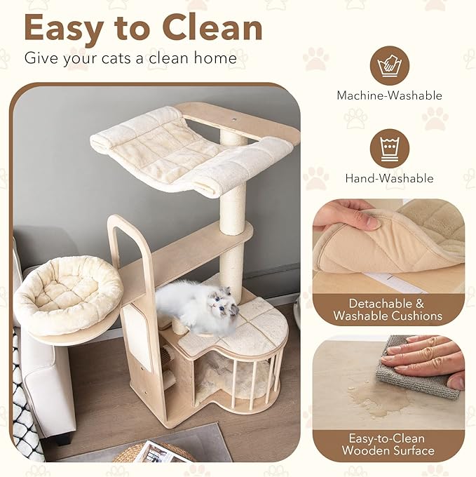Tangkula Wood Cat Tree for Indoor Cats, 55 Inch Multi-Level Cat Tower Activity Center with Hammock, Cat Condo, Sisal Scratching Posts & Washable Cushions, Modern Cat Tree Houses for Large Cats-Mewly Pet