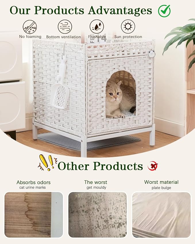 Cat Litter Box Enclosure Hidden Litter Box Furniture with Metal Heightened Feet, Rattan Handwoven Cat House with Litter Mat, Hidden Litter Box Furniture for Bedroom Living Room White-Mewly Pet