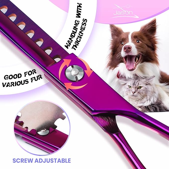 JASON Dog Grooming Scissors Kit, Professional 6 in 1 Dog Scissors Sharp Shears Set - Straight, Thinning, Chunker, Curved Shears and Comb for Long Short Hair for Dog Cat Pet-Mewly Pet
