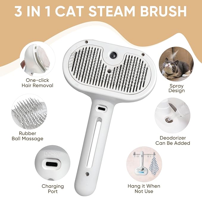 3-in-1 Cat Steam Brush – Pet Grooming & Shedding Comb with Gentle Steam Spray, One-Click Hair Release, for Long & Short Hair Cats & Dogs (White)-Mewly Pet
