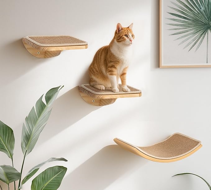 Wood Cat Wall Shelves with Sisal Mat – Cats Wall Furniture Steps for Large Cats, Perfect for Play and Vertical Movement-Mewly Pet