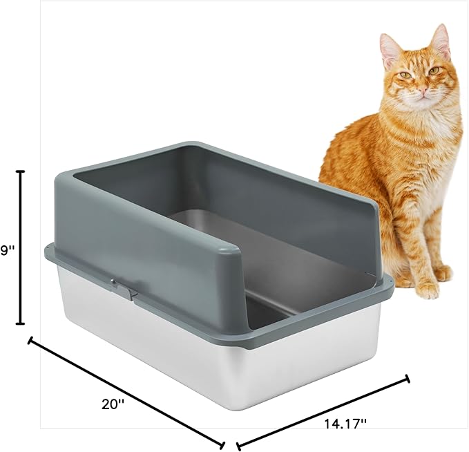 iPrimio - Stainless Steel Enclosed Litter Box for Cats - Easy to Clean - Includes High-Sided Litter Box, Scooper for Extra Scatter Protection - Medium Size for Big Cats - 20 x 14.2 x 6 in-Mewly Pet