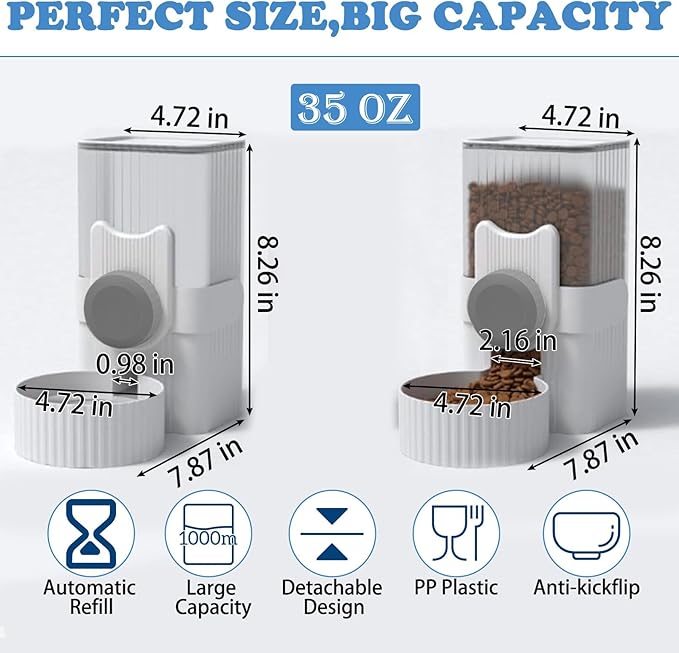 kathson Rabbit Gravity Auto Feeder Set 35oz Hanging Automatic Food Water Dispenser Cage Automatic Feeder Set for Rabbit Chinchilla Guinea Pig Hedgehog Ferret Kitty Puppy (Grey)-Mewly Pet