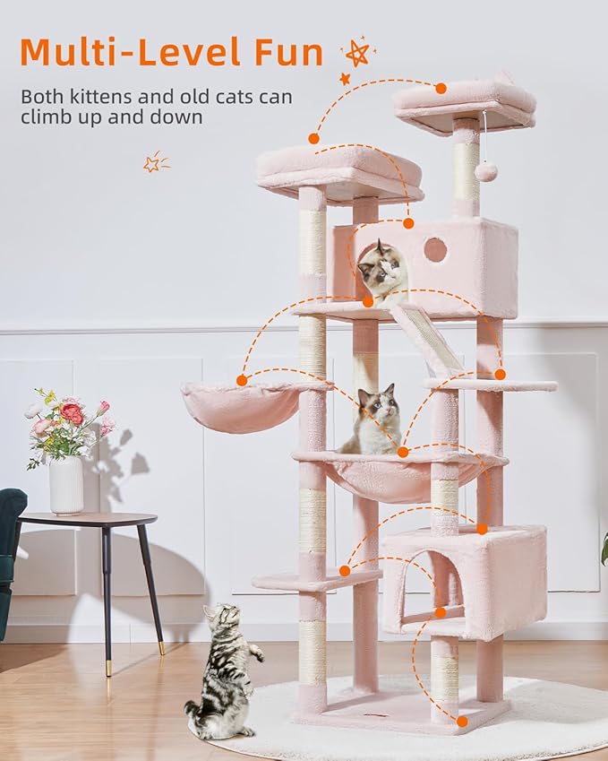 Taoqimiao Cat Tree 71-Inch, Cat Tower for Indoor Cats Large Adult, Multi-Level Large Cat Condo, 8 Sisal Scratching Posts, Metal Frame Cozy Hammock, Scratch Board, 2 Top Perches, Jelly Pink MS026LP-Mewly Pet