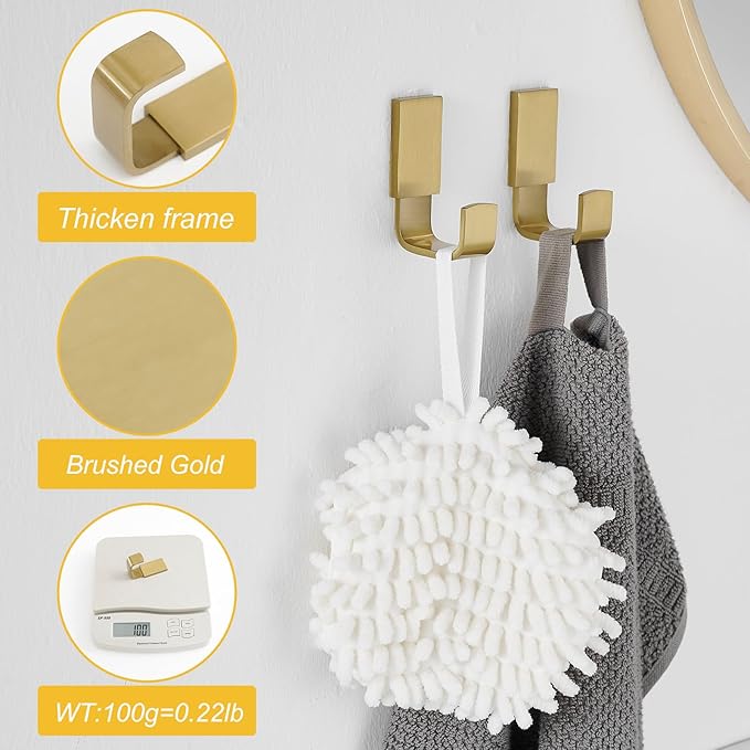 BESy Brass Clothes Hook Single Towel Hook for Bathroom Kitchen Garage Square Style Robe Hooks Coat and Hat Hook, Self Adhesive with Glue or Wall Mounted with Screws, Four Packs, Brushed Gold