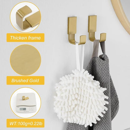 BESy Brass Clothes Hook Single Towel Hook for Bathroom Kitchen Garage Square Style Robe Hooks Coat and Hat Hook, Self Adhesive with Glue or Wall Mounted with Screws, Two Packs, Brushed Gold