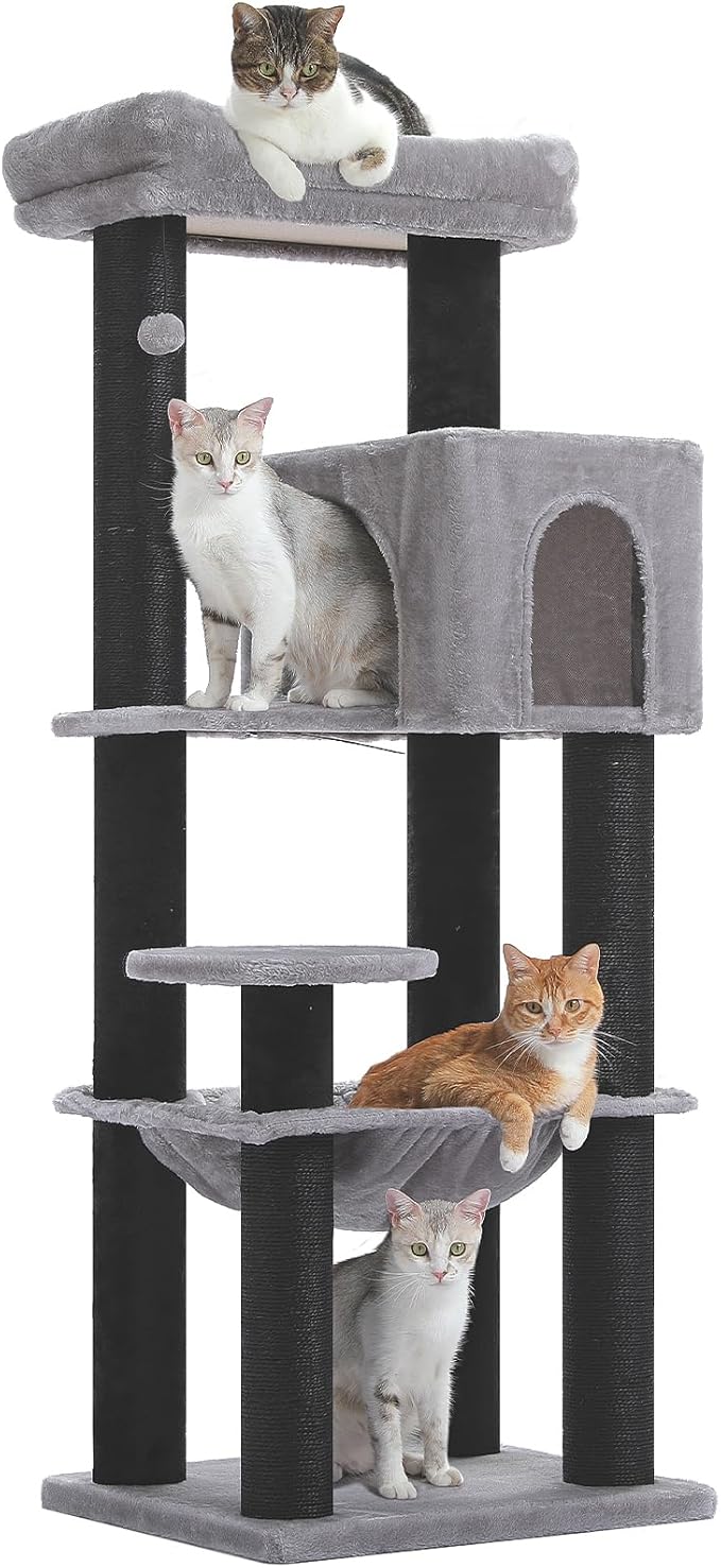 Large Cat Tree with Reinforced Scratching Posts (φ3.1in) for Big Adult Cats 30 lbs, 57.8" Heavy Duty Cat Tower with Larger Hammock and Condo, Cat Furniture for Maine Coon, Plush,Black-Mewly Pet