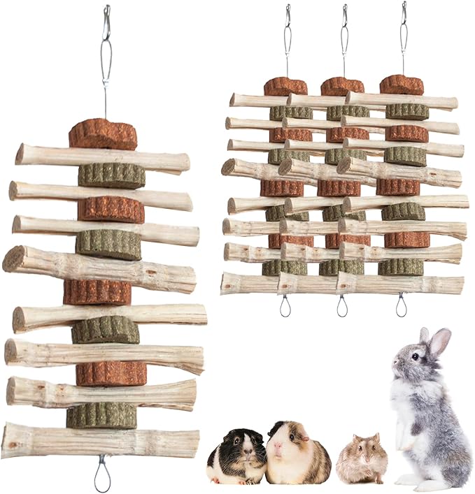 4 PCS Rabbit Chew Toys for Teeth Grinding, Delicious Bunny Cage Hanging Chew Toys, Natural Sweet Bamboo Chew Sticks and Timothy Grass Cake Hay Treats Maintaining Healthy Teeth for Rabbits-Mewly Pet