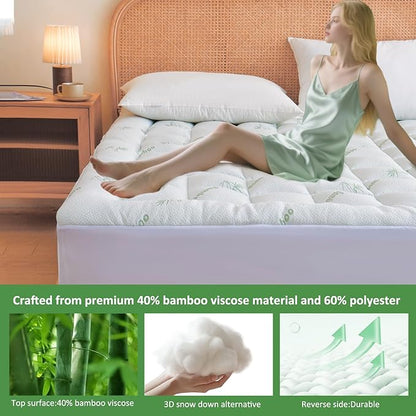 Bioeartha Cooling Mattress Topper Queen – Extra Soft Pillow Top Mattress Pad, Breathable Viscose Made from Bamboo Mattress Protector for Back Pain Relief, Deep Pocket Cover Fits 8–21 Inch