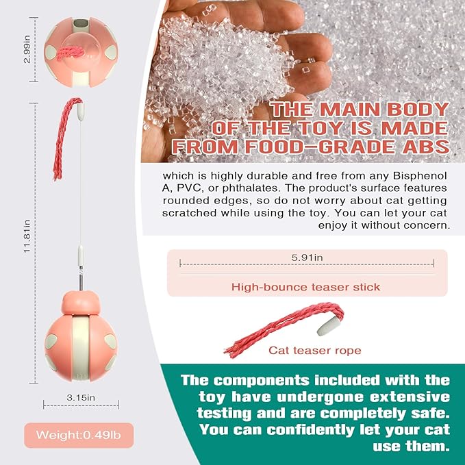 Cat Treat Interactive Toy, Indoor Puzzle Slow Feeding Mental Stimulation Sliding Rolling Cat Toy Ball with Ca-t Teaser, Cats Treat Dispenser Toy for Large, Medium and Small Cats (Pink, ladybug)-Mewly Pet