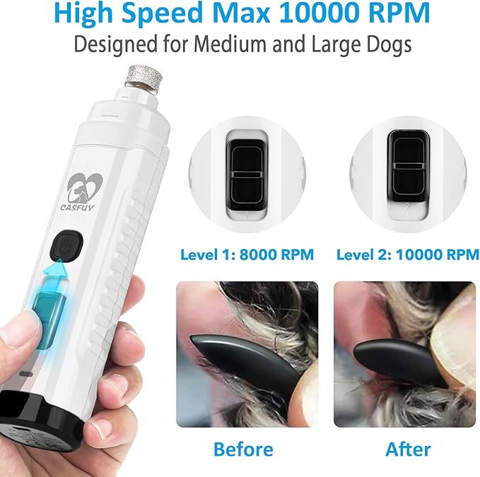 Casfuy Dog Nail Grinder with 2 LED Light for Large Medium Small Dogs - 3X More Powerful 2-Speed Electric Pet Nail Trimmer Rechargeable Quiet Painless Paws Grooming & Smoothing Tool (White)-Mewly Pet