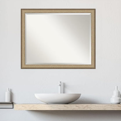Amanti Art Bronze Bathroom Mirror for Over Sink, 25x31 Elegant Brushed Bronze Narrow Rectangle Vanity Mirror, Large Casual Frame, Hangs Horizonally and Vertically, Bathroom Wall Decor, Beveled Edge