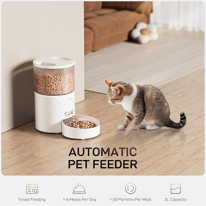 Automatic Cat Feeder: 3L Auto Food Dispenser with Timed Feeding| 6 Meal Programmable& 1-20 Portion Precise Control- Easy to Clean & Setup for Cat Indoor| Desiccant Bag Keep Food Fresh-Mewly Pet