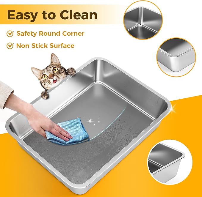 LIHONG Stainless Steel Cat Litter Box,Small Metal Litter Box for Small Cats Hamster Rabbits,No Smell,Non Stick,Easy to Clean(18" Lx14 Wx4 H,M)-Mewly Pet