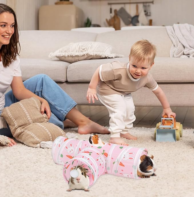 Rypet Guinea Pig Tunnel 3 Way Collapsible Small Pet Tunnels and Tubes with Interactive Ball for Baby Rabbit Ferret Hamster Chinchilla Hedgehog Hiding and Resting-Pink-Mewly Pet