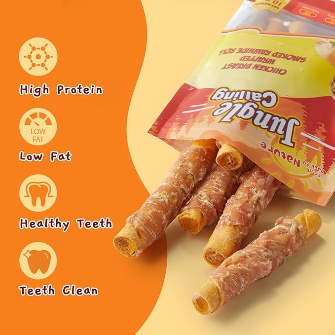 Jungle Calling Dog Treats Smoked Chicken Wrapped Rawhide Rolls, High Protein Dog Chews, Rawhide Chews for Medium and Large Dogs, 10.6 Oz-Mewly Pet
