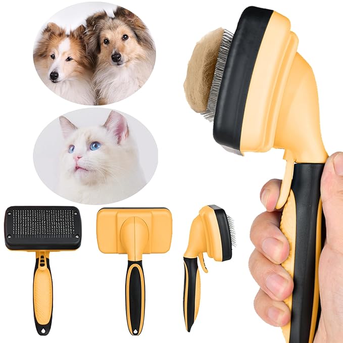Self cleaning slicker brush for dogs and cats, skin-friendly grooming cat brush, easy-to-clean dog hair brush, depilatory brush, hair brush puppy brush, pet cleaning accessories (Yellow)-Mewly Pet