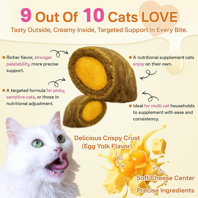 Cat Multivitamin - 500 Chews Crunchy & Creamy Cheese Core, Cat Vitamins + Taurine for 8-in-1 Support - Immune, Urinary, Heart, Skin & Coat, Eyes, Brain, Bone for Cats Kittens - Egg Yolk Flavor-Mewly Pet