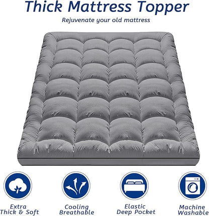 Queen Size Mattress Topper for Back Pain, Cooling Extra Thick Mattress Pad Cover with 8-21 inch Deep Pocket, Plush Pillow Top Mattress Topper Overfilled with Down Alternative, Queen Size, Dark Grey