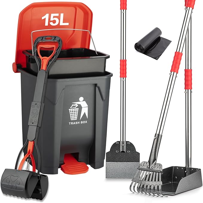 Pooper Scooper Set,Dog Poop Tray and Rake Set for Large & Small Dogs Dog Pooper Scooper 15 Litre Step Dog Poop Trash Can Outside W/Removable Inner Bucket with 20 Waste Bags-Mewly Pet