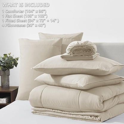 CozyLux California King Comforter Sets Oatmeal, 7 Pieces Cal King Bed in a Bag, All Season Bedding Sets with Stitch Quilted Comforter, Flat Sheet, Fitted Sheet, Pillowcases