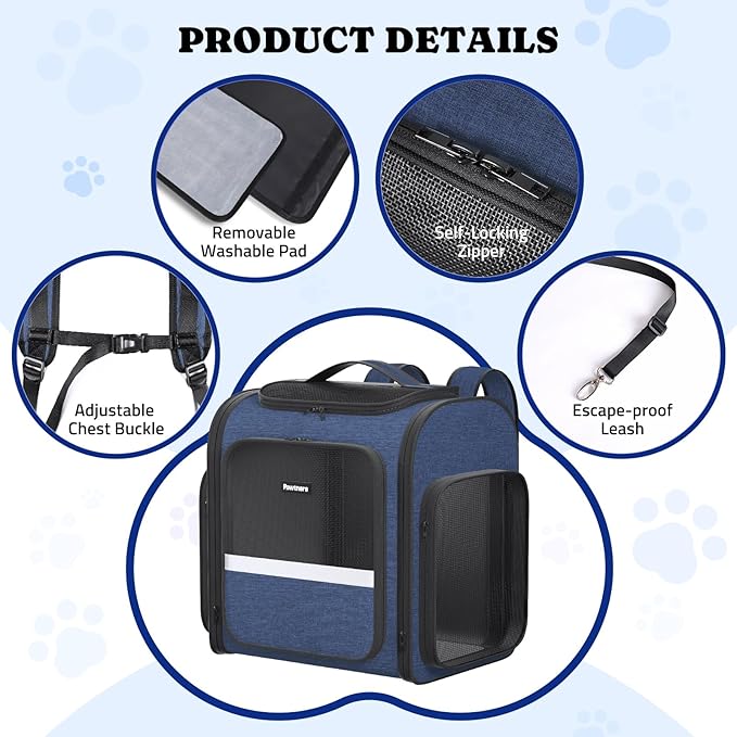 Pawtners Dog Backpack Carrier Dog Carrier with Anti-Scratch Mesh with Great Ventilation, Large Pet Carrier Backpack for Small Dogs & Large Cats, Foldable Designed Pet Backpack Perfect for Travel-Mewly Pet
