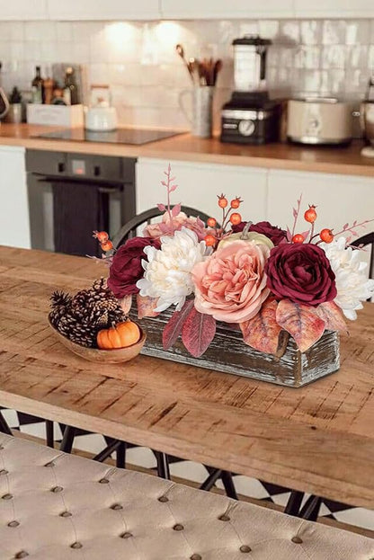 DILATATA Fall Decor Autumn Harvest Pumpkins Centerpiece - Artificial Rose Chrysanthemum Flowers Berries Arrangement in Rectangle Wooden Box for Thanksgiving Party Mantel Fall Decor