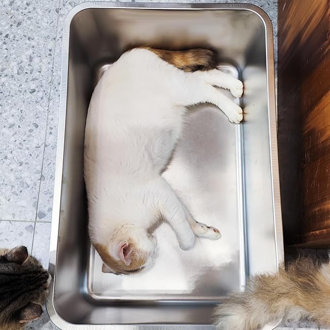 LIHONG Stainless Steel Cat Litter Box,Extra Large Metal Litter Box for Big Cats Kitty Rabbits,No Smell,Non Stick,Easy to Clean(24" Lx16 Wx8 H,XL)-Mewly Pet