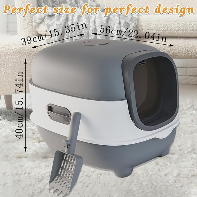 Large Cat Litter Box with Cat Litter Scoop, Foldable Litter Box with Lid, Front Entry and Exit Leak-Proof Litter Cat Box, Odor Control, Easy to Clean (Grey)-Mewly Pet