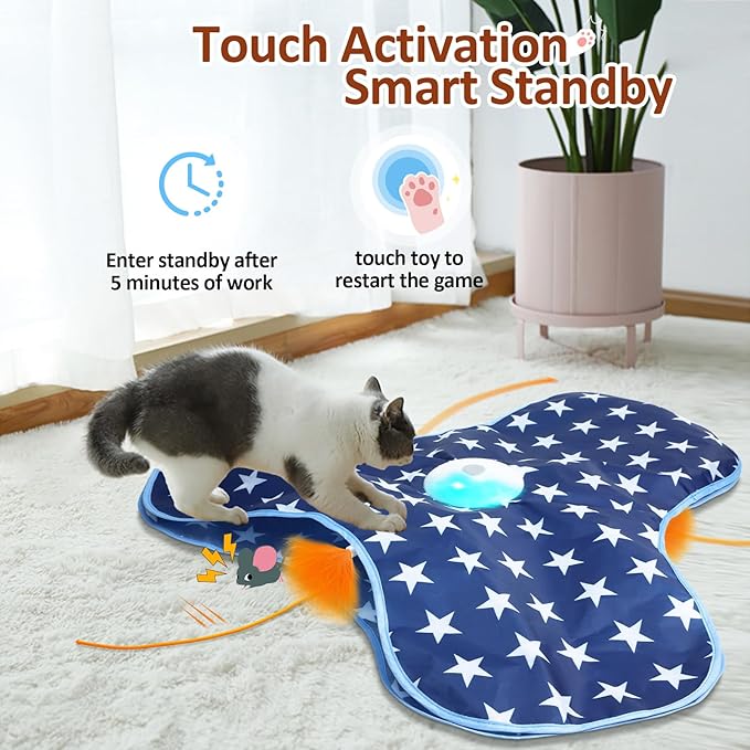 Interactive Cat Toy Rechargeable, Cat Exercise Toys for Indoor Bored Adult Cats, Hide and Seek Toy with Motion Activated, Moving Feather, Chirping-Mewly Pet