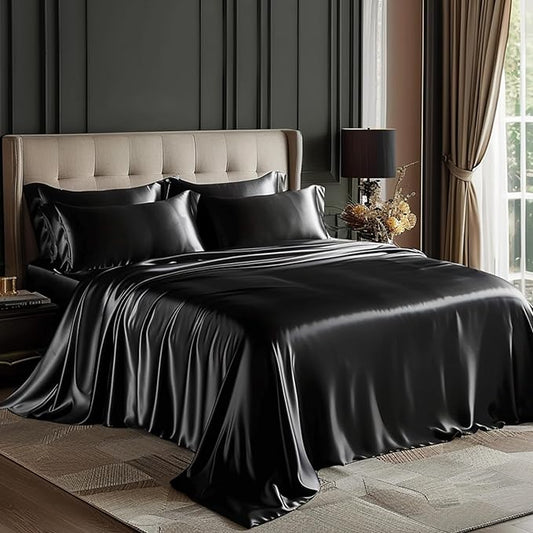 Love's cabin Satin King Sheet Sets - 4 Piece Black Silky Sheets King Size Bed Set with Deep Pocket, Luxury Silk Feel King Size Satin Sheet Set (1 Flat Sheet,1 Fitted Sheet,2 Pillow Cases)