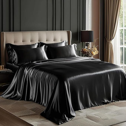 Love's cabin Twin Satin Sheets Sets - 3 Piece Black Silky Bed Sheets with Deep Pockets, Luxury Silk Feel Satin Twin Size Sheet Set Bedding Set (1 Flat Sheet,1 Fitted Sheet,1 Pillow case)