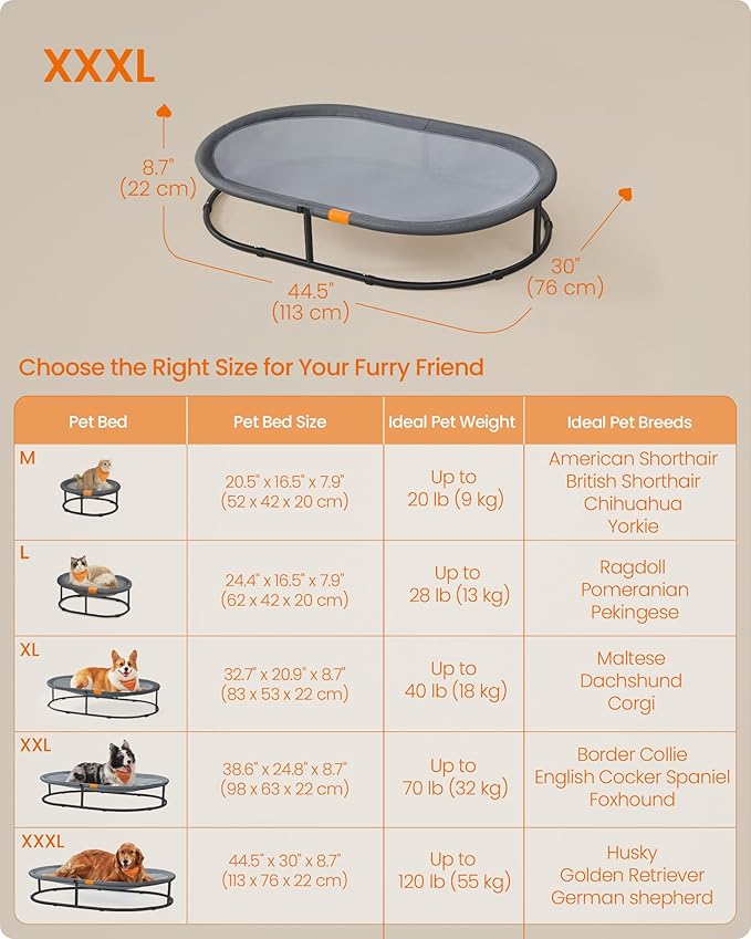 Feandrea Pet Bed, Cat Hammock, Elevated Cat Bed for Multiple Cats, with Removable Washable Mesh, for Pets up to 120 lb, Oval, Gray UPCB005G01-Mewly Pet