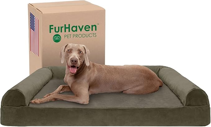 Furhaven Cooling Gel Dog Bed for Large Dogs w/ Removable Bolsters & Washable Cover, For Dogs Up to 125 lbs - Faux Fur & Velvet Sofa - Dark Sage, Jumbo Plus/XXL-Mewly Pet