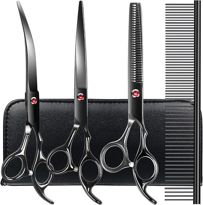 Professional Dog Grooming Scissors kit Black 5 in 1, Dog Shears for Grooming 6CR Premium Stainless Steel Grooming Scissors Kit for Dogs Cat Pet-Mewly Pet