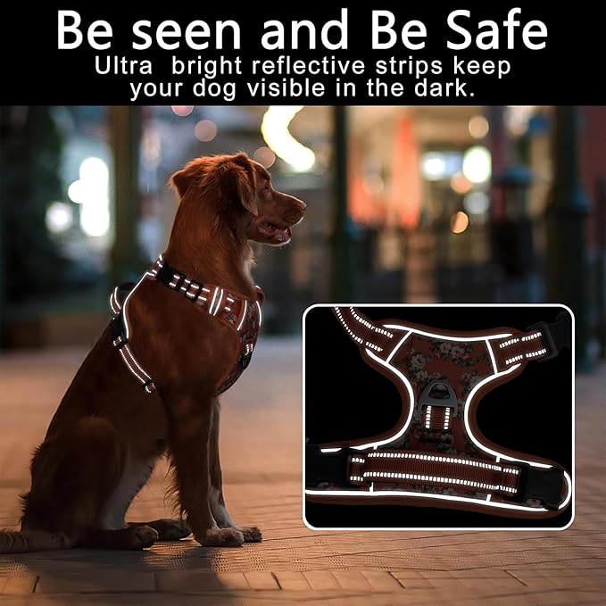 Timos Dog Harness for Large Dogs, No Pull Service Vest with Reflective Strips and Control Handle,No Choke Dog Harness with 2 Metal Rings for Easy Walking,Outdoor Training,Flower Orange, XL-Mewly Pet