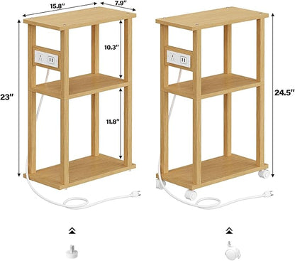 TUTOTAK Small Narrow Side Table with Charging Station, Skinny End Table for Small Spaces, Slim Nightstand with USB Ports and Outlet, Sofa Beside Table with Wheels, Natural TB01BN046