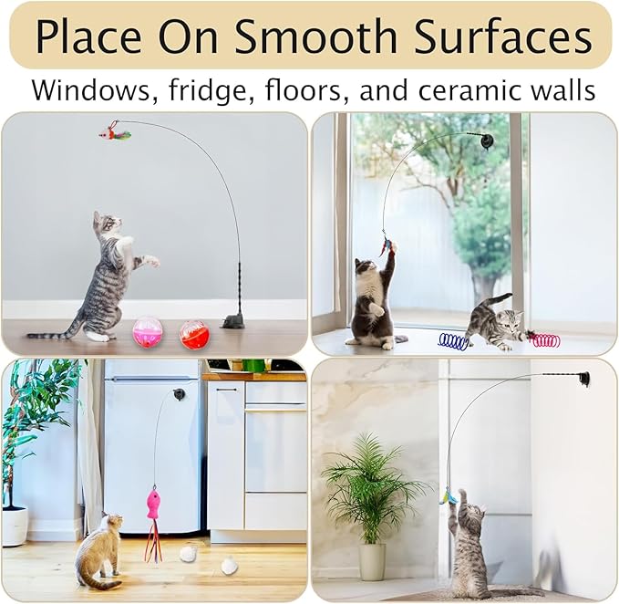 22Pcs 5-in-1 Cat Toys Interactive Cat Toy for Indoor Cats with Sticky Super Suction Cup Detachable Replacements Feathers Balls Mice Spring 3 Wand Hanging Door Kitten Toys-Mewly Pet