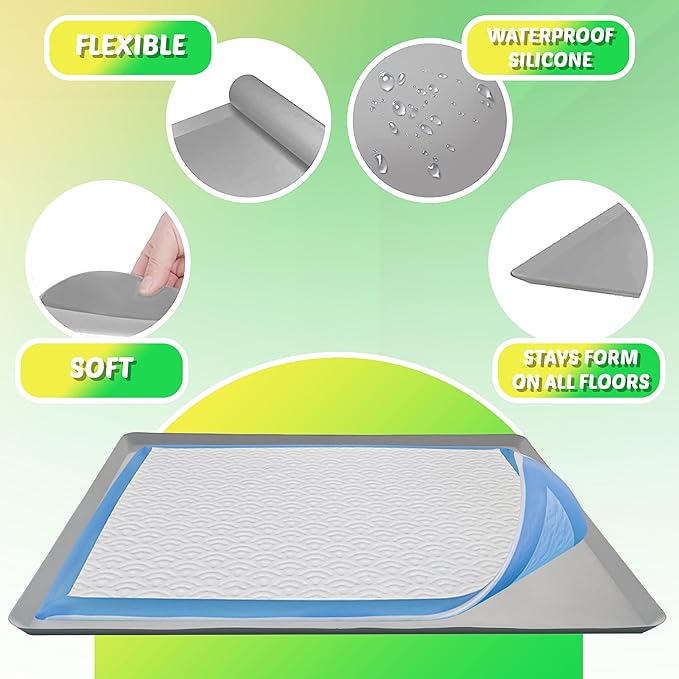 TidyFriend Pee Pad Holder Tray 30 x36 Inches, Puppy Pad Holder, Easy to Clean and Store Pee Pad Holder for Dogs, Silicon Training Pad Holder, No Spill Puppy Pad Holder (Light Grey)-Mewly Pet