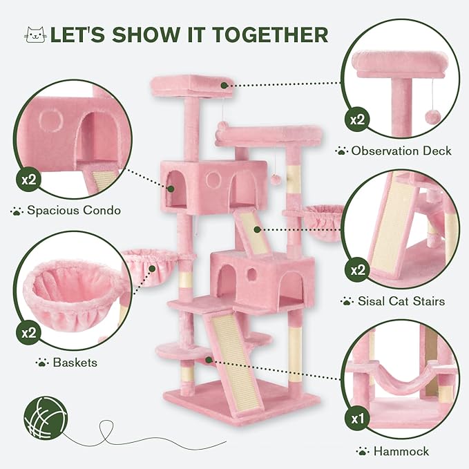 MUTICOR 66 Inches Multi-Level Large Cat Tree Tower for Indoor Big Feline/Cozy Plush Perches/Condo/Sisal Scratching Posts/Hammock and Baskets/Activity Center Play House/Wide Base/Pink-Mewly Pet