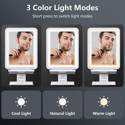 Heated Shower Mirror Fogless for Shaving, 3 Colors Stepless Dimmable Lights Fogless Mirror for Shower, Rechargeable Anti Fog Shaving Mirror for Shower with Razor Holder, Light Memory Function, White