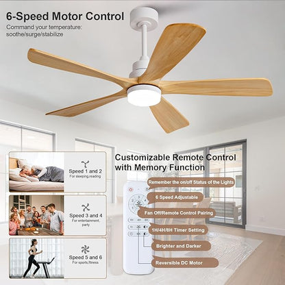 52 Inch Outdoor Ceiling Fans with Lights and Remote Control, Dimmable 5 Blade Wood Outdoor Ceiling Fans for Patios, White Natural Wood Bedroom Ceiling Fan with Lights, Noiseless DC Motor