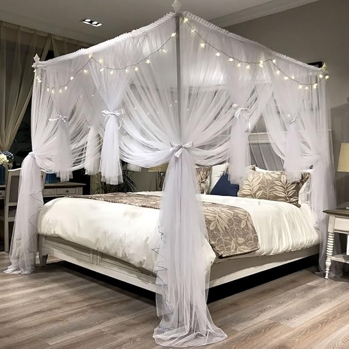 Joyreap 4 Corners Post Canopy Bed Curtain for Girls & Adults - Royal Luxurious Cozy Drape Netting - Cute Princess Bedroom Decoration Accessories (White, King)