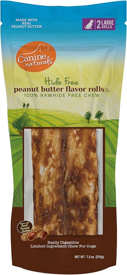 Canine Naturals Peanut Butter Chew - 100% Rawhide Free Dog Treats - Made with Real Peanut Butter - All-Natural and Easily Digestible - 2 Pack of 7 Inch Large Rolls for Dogs 50 lbs and up-Mewly Pet
